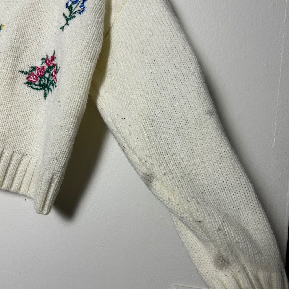 Floral Embroidered‎ Knit Sweater Cream Crewneck Long Sleeve - Picture 4 of 7